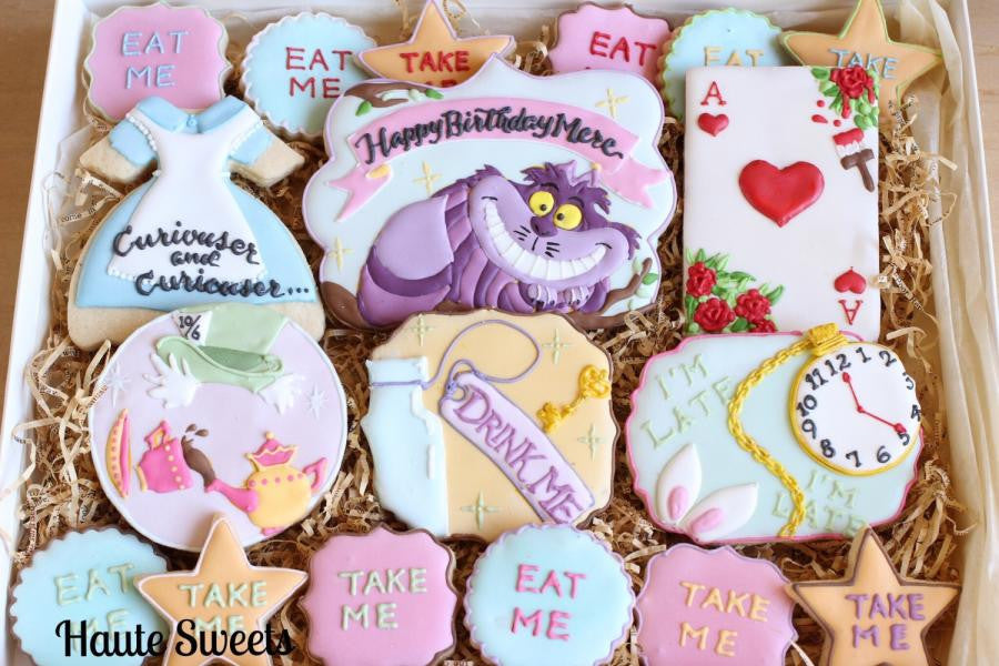 Alice In Wonderland "Curiouser Curiouser" Birthday Party Sugar Cookies TheIcedSugarCookie.com Haute Sweets