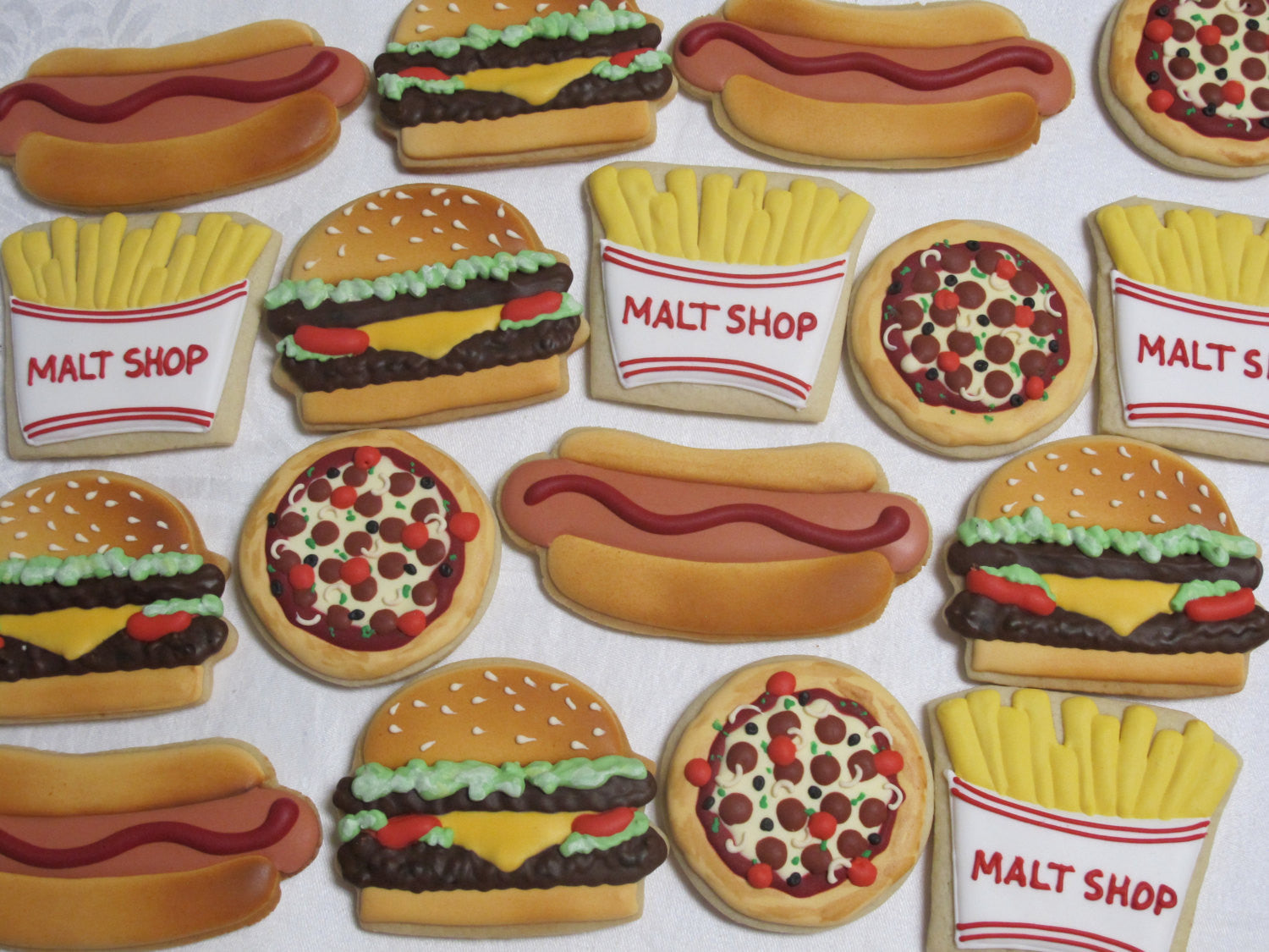 BBQ Picnic Birthday Party Sugar Cookies-Hot Dogs, Hamburgers, French Fries, Pizza TheIcedSugarCookie.com Martas Cakes And Cookies Marta Ingros