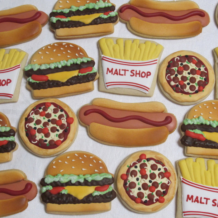 BBQ Picnic Birthday Party Sugar Cookies-Hot Dogs, Hamburgers, French Fries, Pizza TheIcedSugarCookie.com Martas Cakes And Cookies Marta Ingros