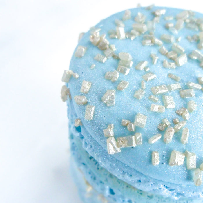 Elegant Baby Blue French Macarons With Gold Glitter Sugar Crystals & Madagascar Vanilla Ganache TheIcedSugarCookie.com Splendid Sweet Shoppe