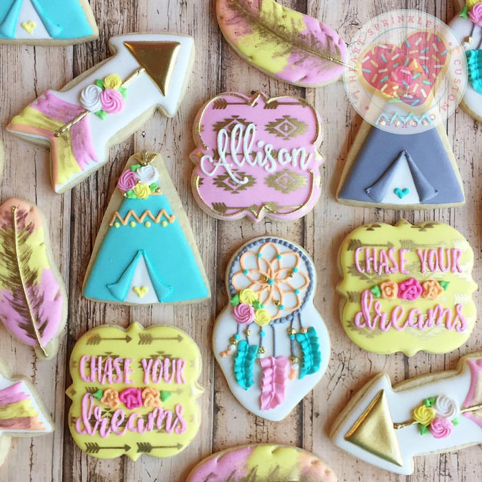Boho "Chase Your Dreams" Birthday Party Sugar Cookies TheIcedSugarCookie.com I Heart Sprinkles Cookies
