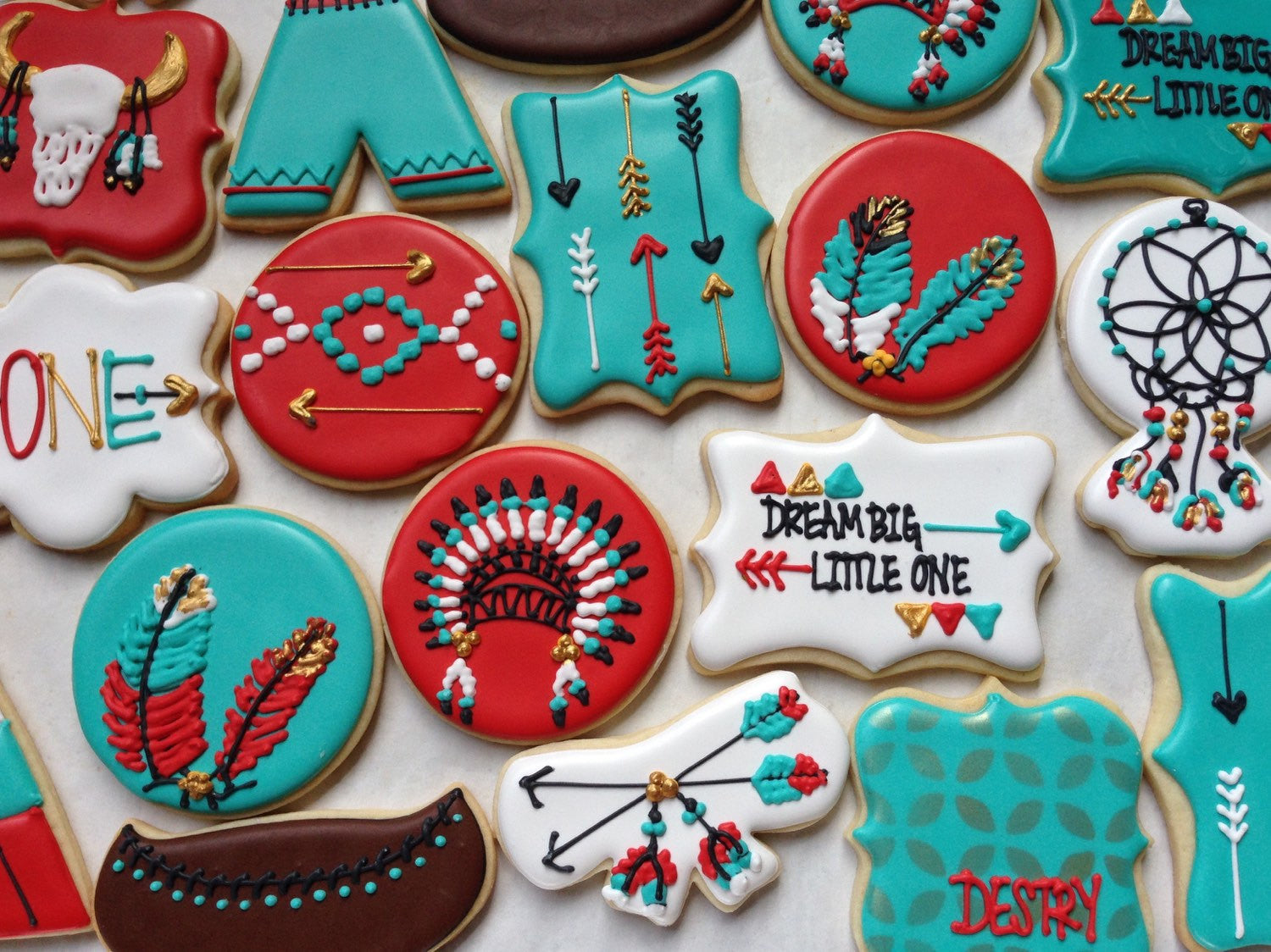 Boho Chic Dreamcatcher "Dream Big Little One" Birthday Party Sugar Cookies
