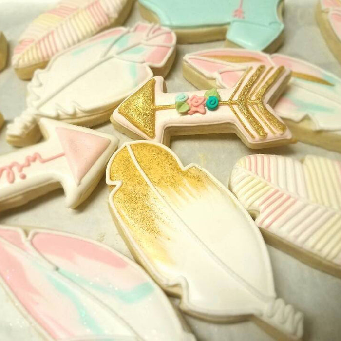 Bohemian Feathers And Arrows Themed Baby Shower Party. TheIcedSugarCookie.com Boho Sugar Cookies for Boho Birthday Party or Bridal Shower. Kessa Cakes