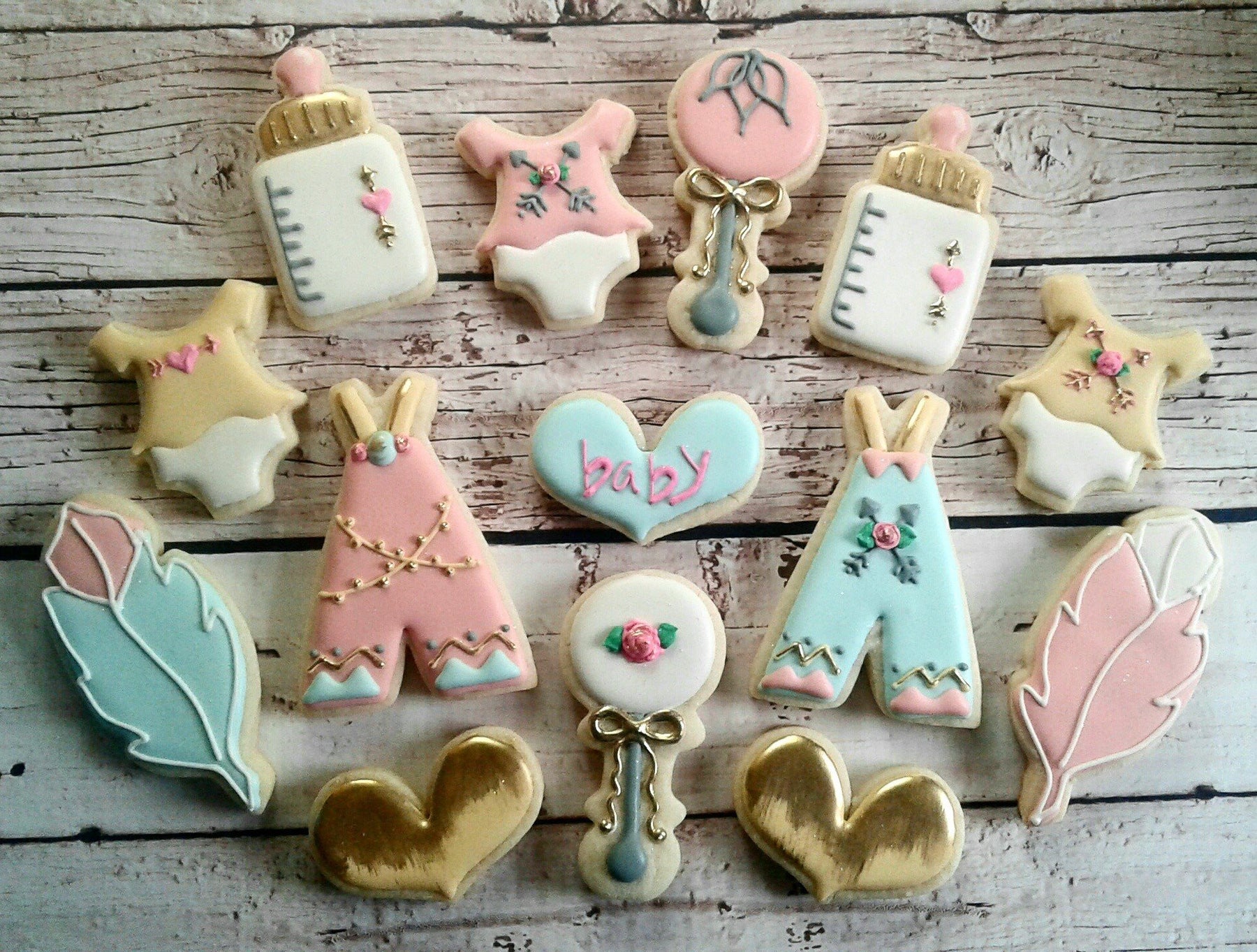 Boho Pink, Blue And Gold Baby Shower Sugar Cookies