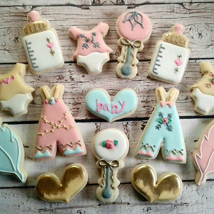 Boho Pink, Blue And Gold Baby Shower Sugar Cookies