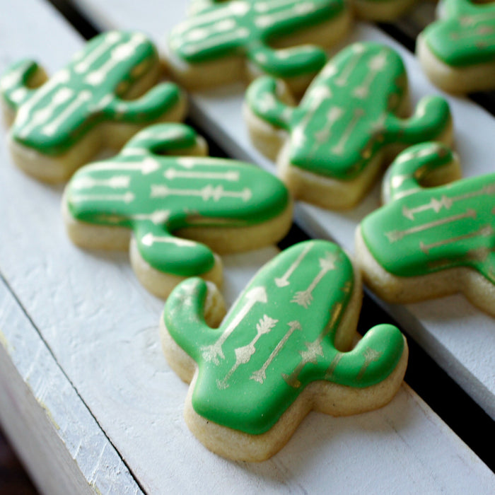 Cactus Birthday Party Sugar Cookies With Gold Airbrushed Designs TheIcedSugarCookie.com LHE Bakes