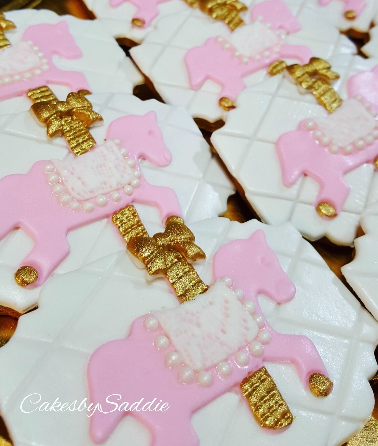 Pink And Gold Carousel Horse Birthday Party Sugar Cookies TheIcedSugarCookie.com Cakes By Saddie