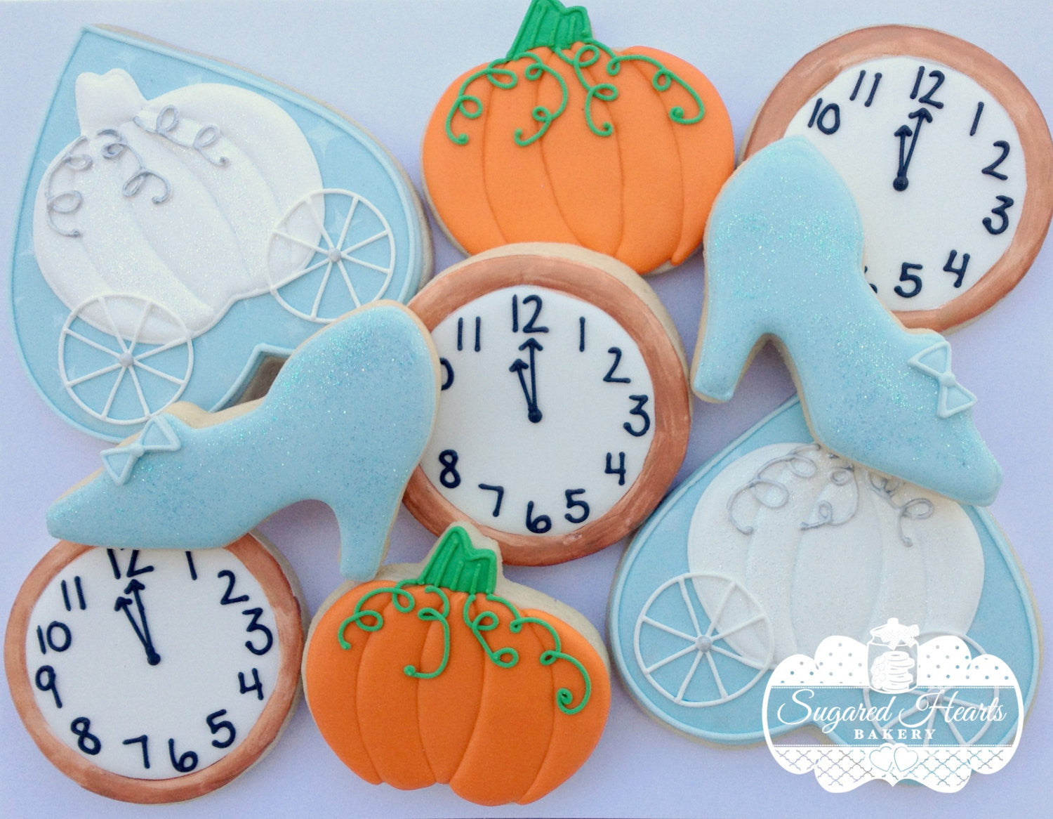 Cinderella Princess Birthday Party Sugar Cookies-Glass Slipper, Pumpkin Carriage, Pumpkin, Clock TheIcedSugarCookie.com Sugared Hearts Bakery