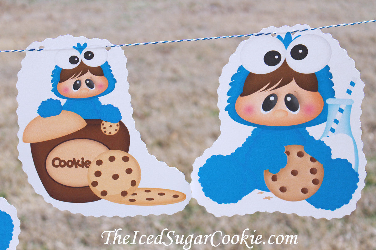 Baby Cookie Monster Sesame Street Birthday Party Banner-Milk and Chocolate Chip Cookie Birthday Party-www.TheIcedSugarCookie.com