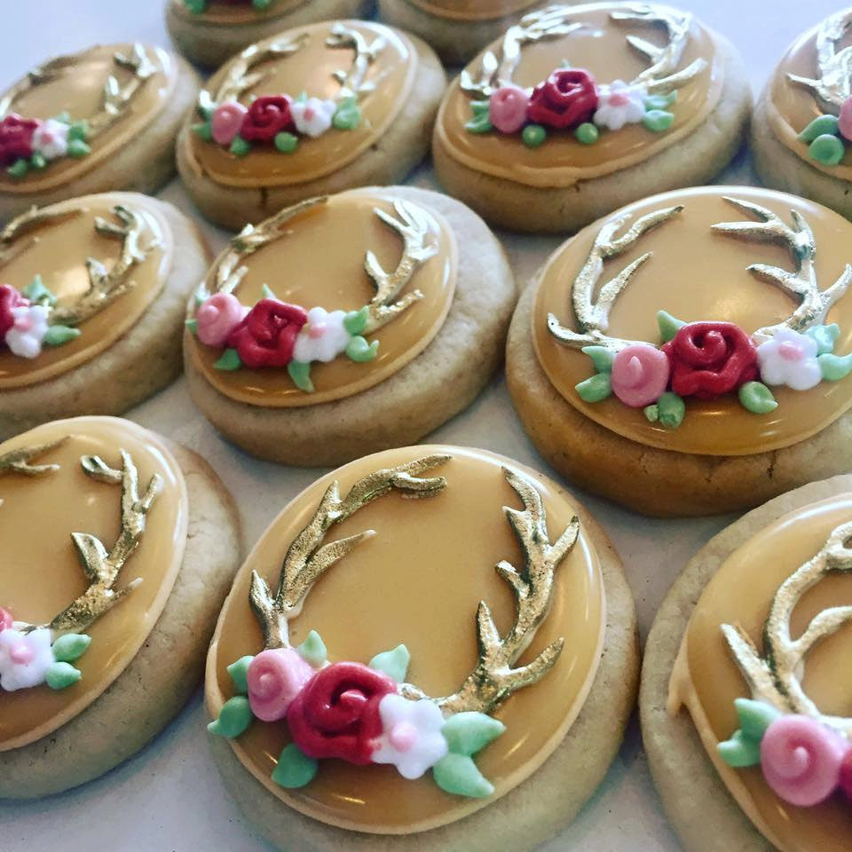 Shabby Chic Bohemian Golden Deer Antler Birthday Party Sugar Cookies TheIcedSugarCookie.com Hayley Cakes And Cookies