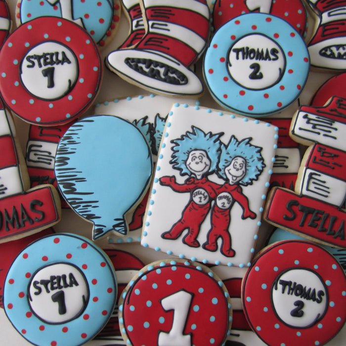 Dr. Seuss Cat In The Hat 1st Birthday Party Sugar Cookies-Thing One And Thing Two TheIcedSugarCookie.com Finger Hut Cakes