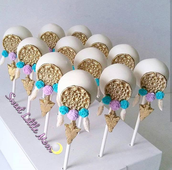 Bohemian Birthday Party-Dream Catcher Cake Pops And Teepee Rice Krispy Treats TheIcedSugarCookie.com Sweet Little Moon
