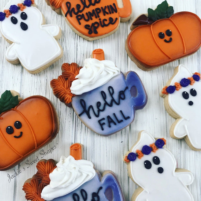 Pumpkin Spice Latte, Ghosts And Pickup Trucks With Pumpkins Iced Sugar Cookies created by @jackiessweetshapes featured on TheIcedSugarCookie.com #sugarcookies #halloweencookies #ghostcookies #pumpkincookies #pumpkinlattecookies #fallcookies