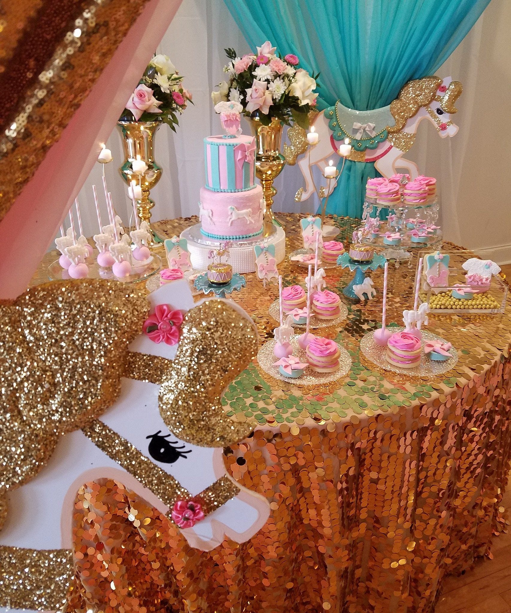 Gold Glitter Carousel Baby Shower Theme TheIcedSugarCookie.com Parties And Balloons E, Once Upon A Banquet, Cakes By Saddie