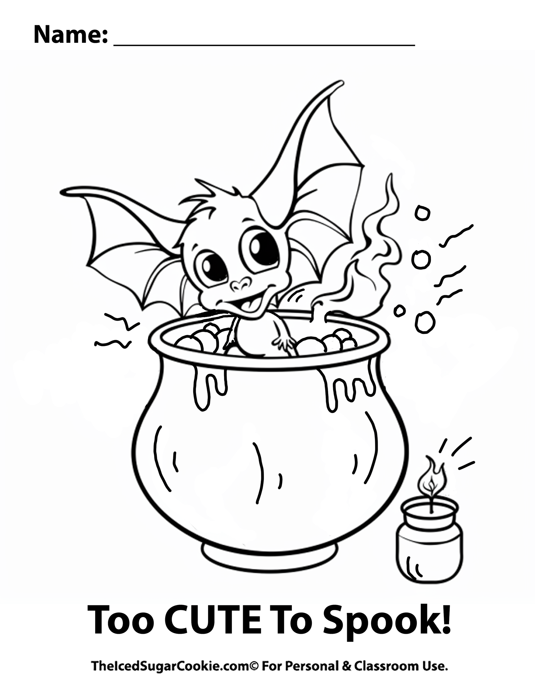 Halloween Gremlin Bat Too Cute To Spook Coloring Page by TheIcedSugarCookie.com