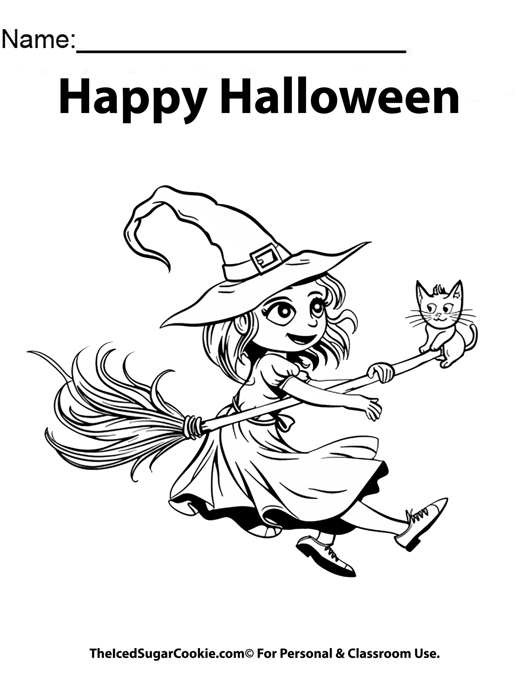 Free Halloween Witch With Cat Coloring Page