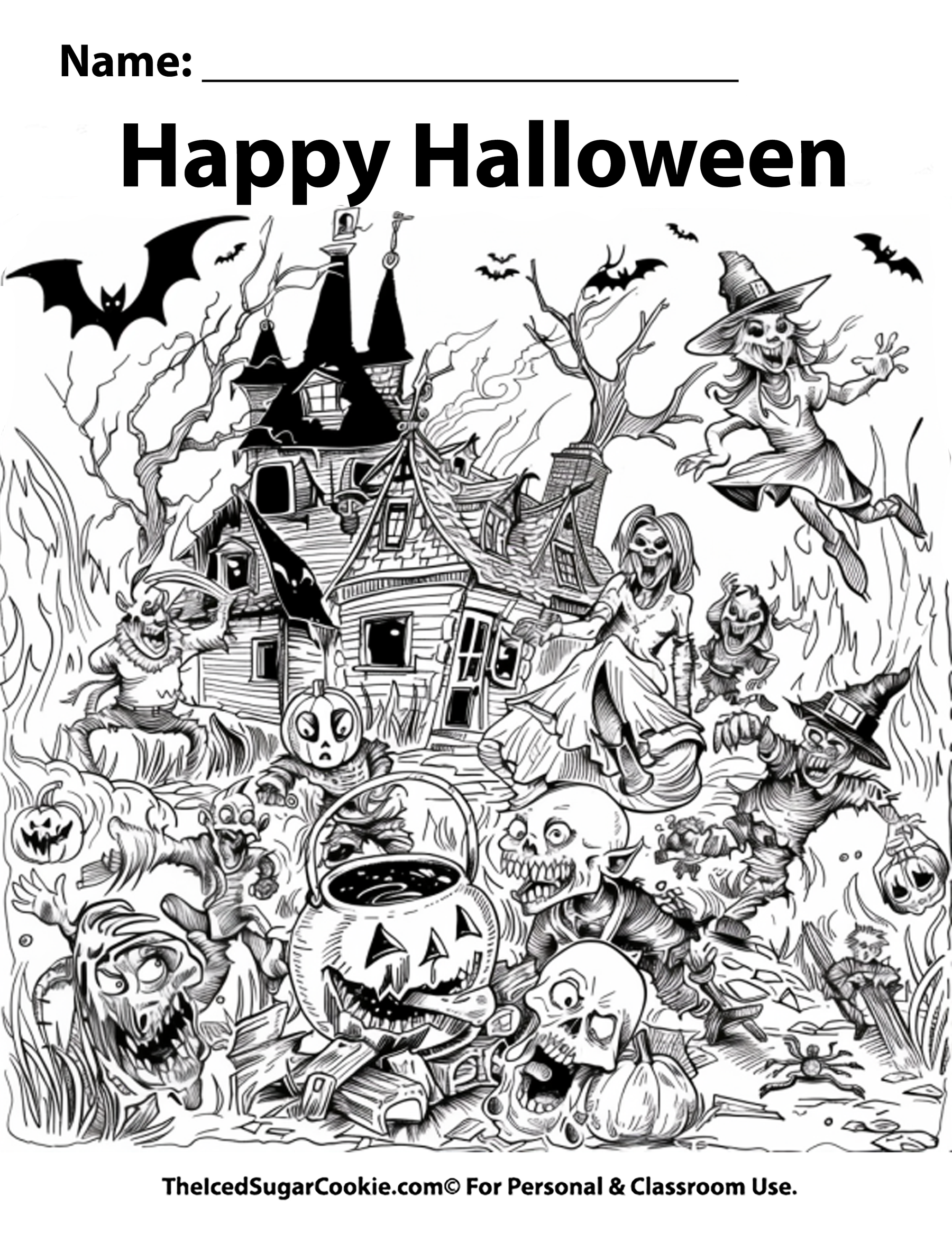 Happy Halloween Goblins & Monsters Coloring Page by TheIcedSugarCookie.com