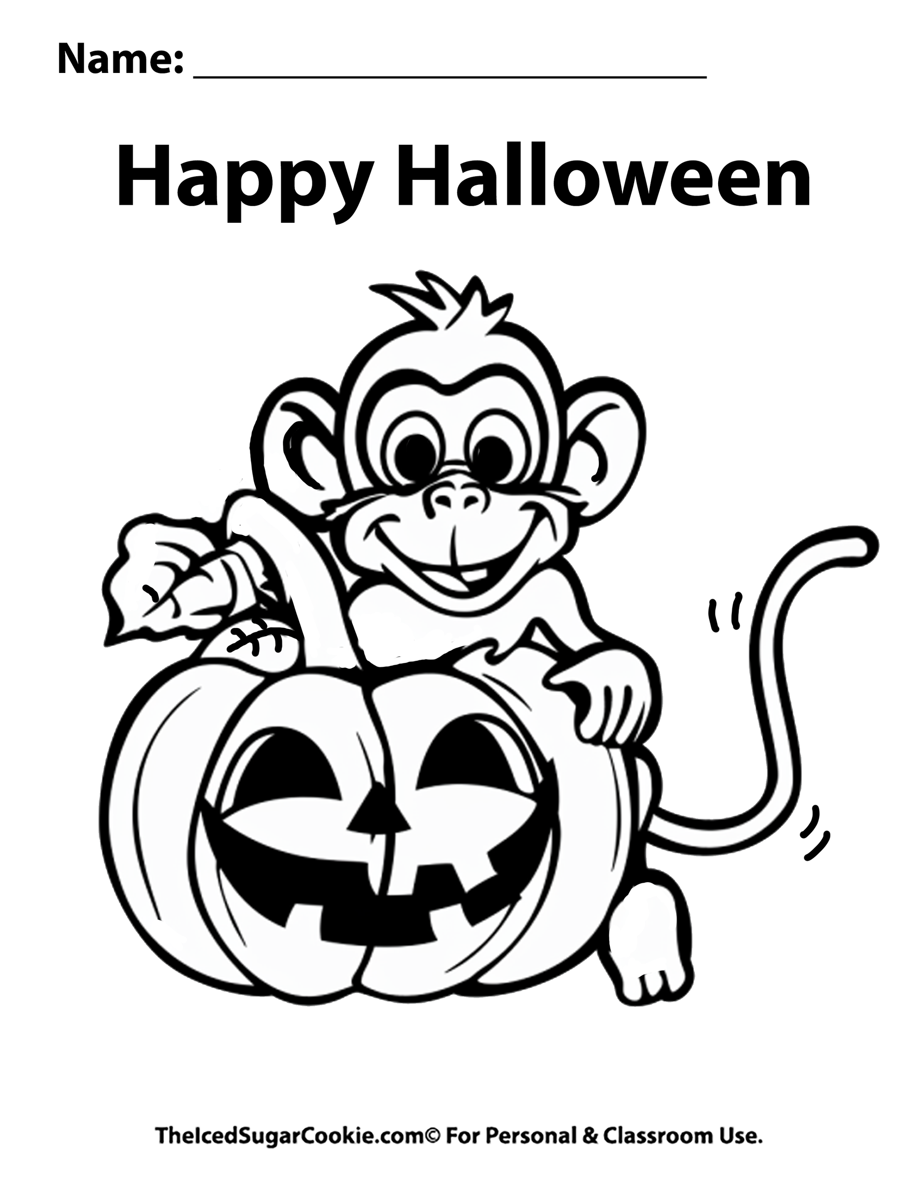 Happy Halloween Monkey Free Coloring Page by TheIcedSugarCookie.com