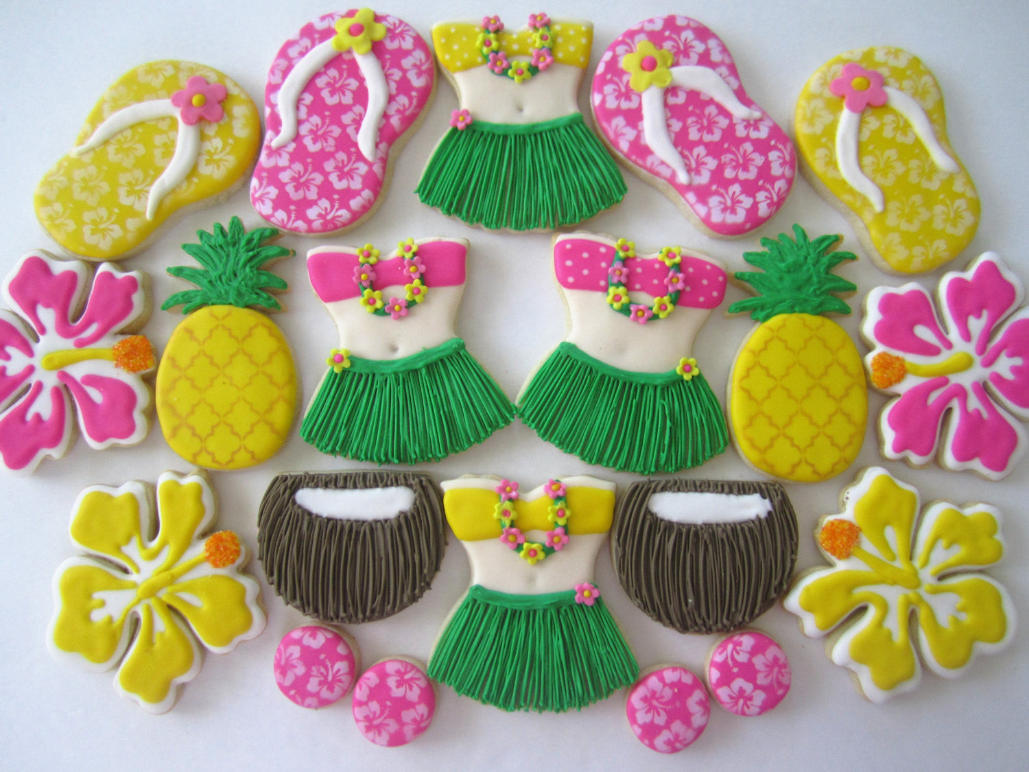 Hawaiian Luau Birthday Party Cookies-Pineapples, Coconuts, Flip Flops, Hula Girls, Hibiscus Flowers TheIcedSugarCookie.com Finger Hut Cakes