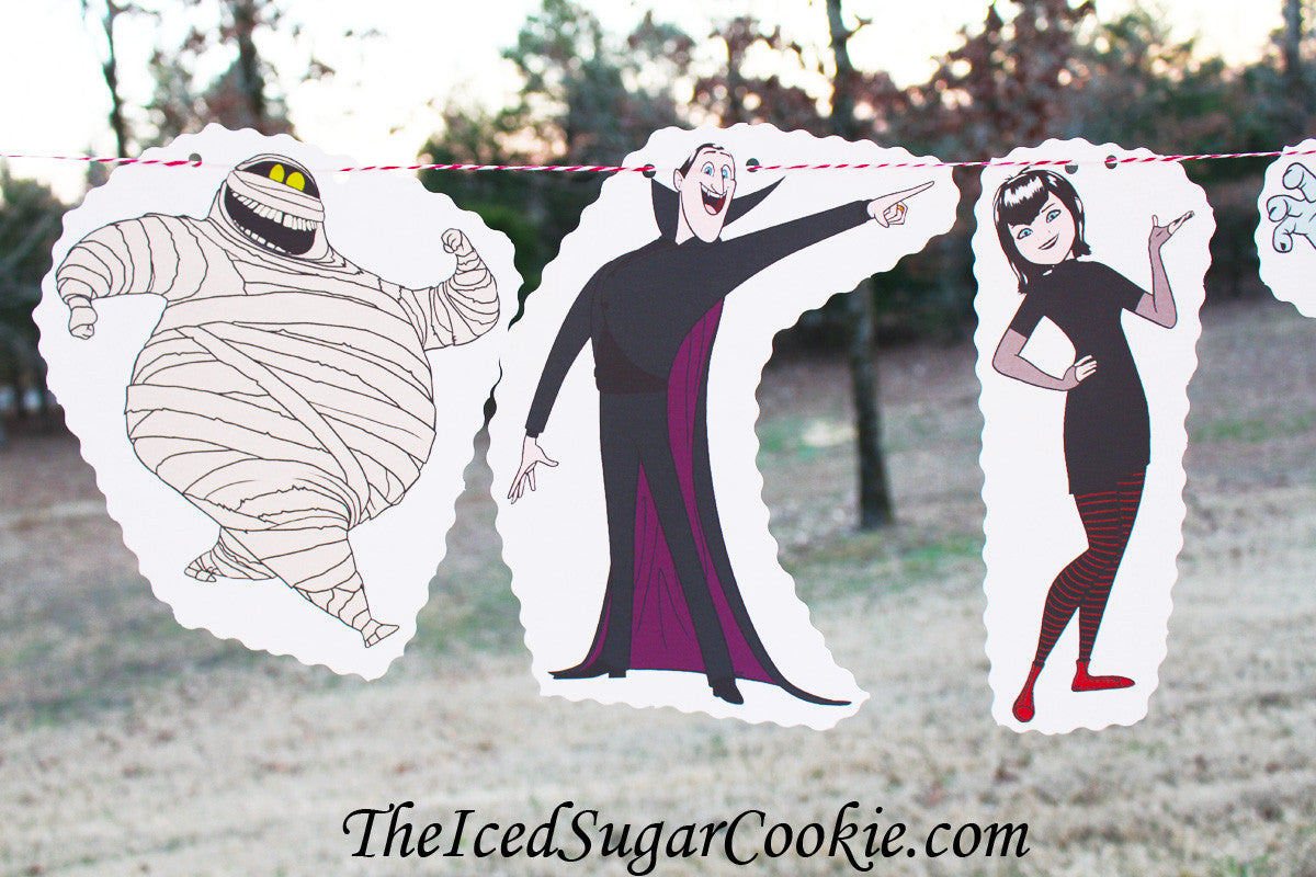 Hotel Transylvania Birthday Party Garland Banner Flag Bunting-Mavis Dracula, Dracula, Murray, Wayne, Frankenstein, Winnie Wolf Pup
