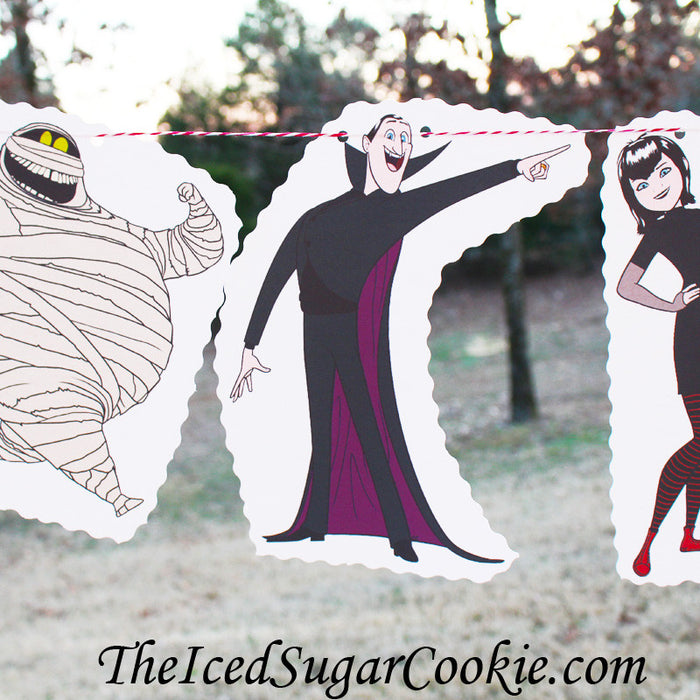 Hotel Transylvania Birthday Party Garland Banner Flag Bunting-Mavis Dracula, Dracula, Murray, Wayne, Frankenstein, Winnie Wolf Pup