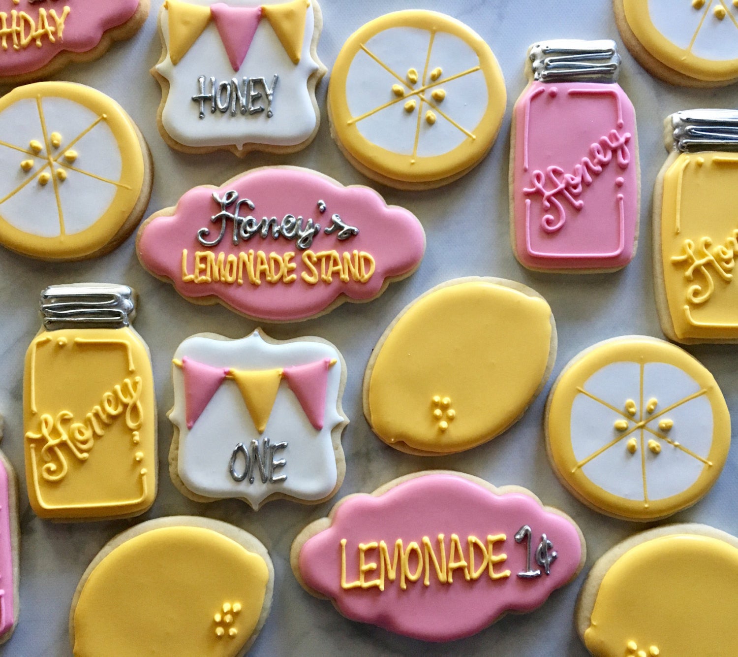 Lemonade Stand And Honey Mason Jars Birthday Party Sugar Cookies TheIcedSugarCookie.com Not Betty Cookies