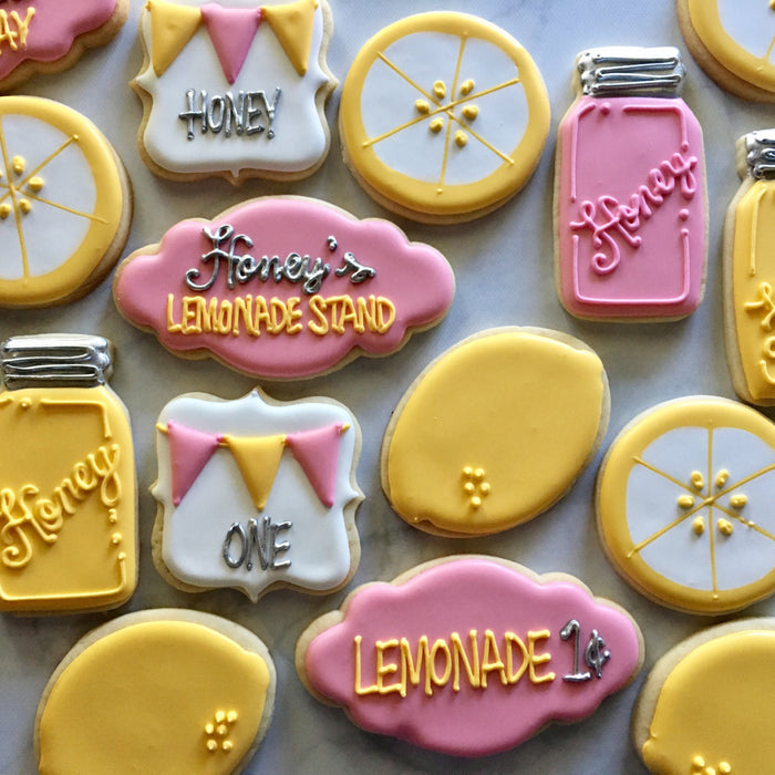 Lemonade Stand And Honey Mason Jars Birthday Party Sugar Cookies TheIcedSugarCookie.com Not Betty Cookies