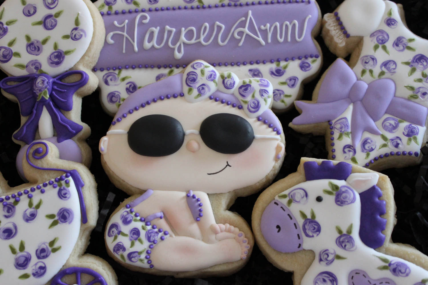 Lilac Baby Shower Cookies-Little Girl With Sunglasses, Horse, Rattle, Stroller, Outfit, TheIcedSugarCookie.com 4 The Love Of Cookies
