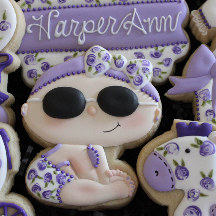 Lilac Baby Shower Cookies-Little Girl With Sunglasses, Horse, Rattle, Stroller, Outfit, TheIcedSugarCookie.com 4 The Love Of Cookies