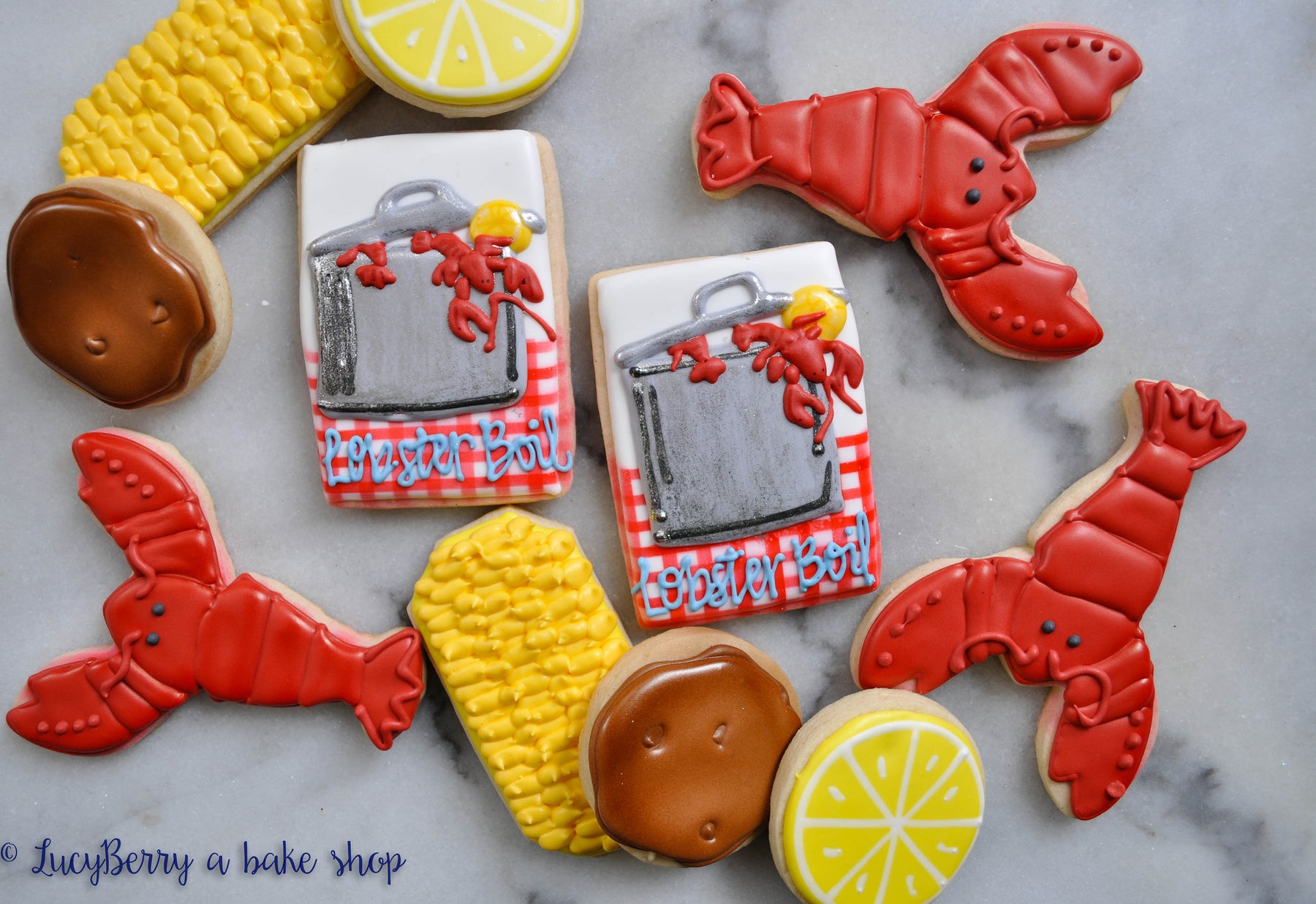 Lobster Boil Iced Sugar Cookies by LucyBerry A Bake Shop featured on TheIcedSugarCookie.com #cookies #sugarcookies #decoratedcookies #lobstercookies