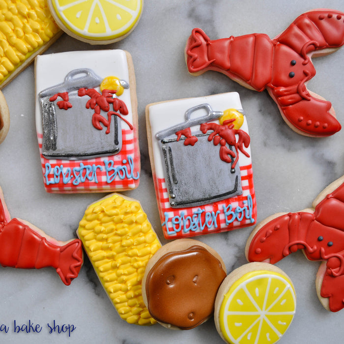 Lobster Boil Iced Sugar Cookies by LucyBerry A Bake Shop featured on TheIcedSugarCookie.com #cookies #sugarcookies #decoratedcookies #lobstercookies