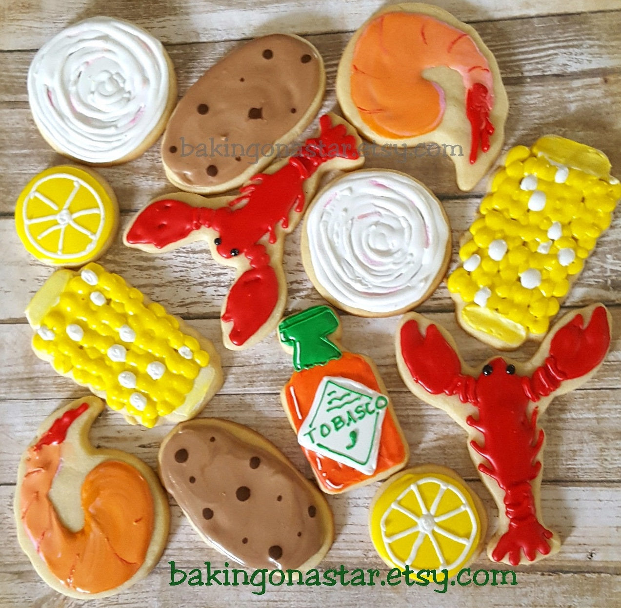 Low Country Crawfish Boil Iced Sugar Cookies created by "Baking On A Star" featured on TheIcedSugarCookie.com #cookies #sugarcookies #decoratedcookies #crawfishcookies #crawfish #crawfishboil #lowcountryboil #theicedsugarcookie