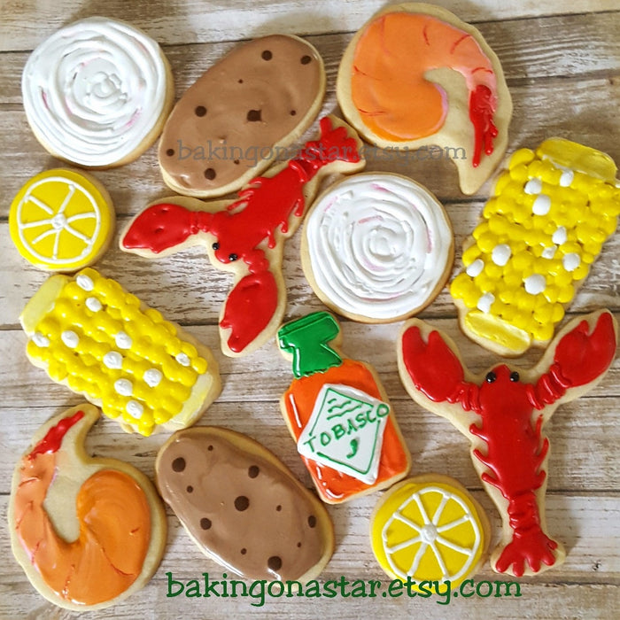 Low Country Crawfish Boil Iced Sugar Cookies created by "Baking On A Star" featured on TheIcedSugarCookie.com #cookies #sugarcookies #decoratedcookies #crawfishcookies #crawfish #crawfishboil #lowcountryboil #theicedsugarcookie