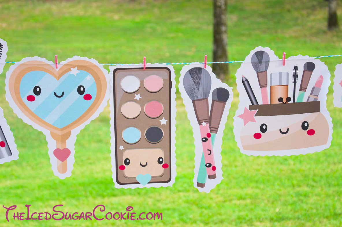 Makeup Birthday Party DIY Banner Ideas-Powder, Lipstick, Powder, Mascara, Makeup Palette, Brushes