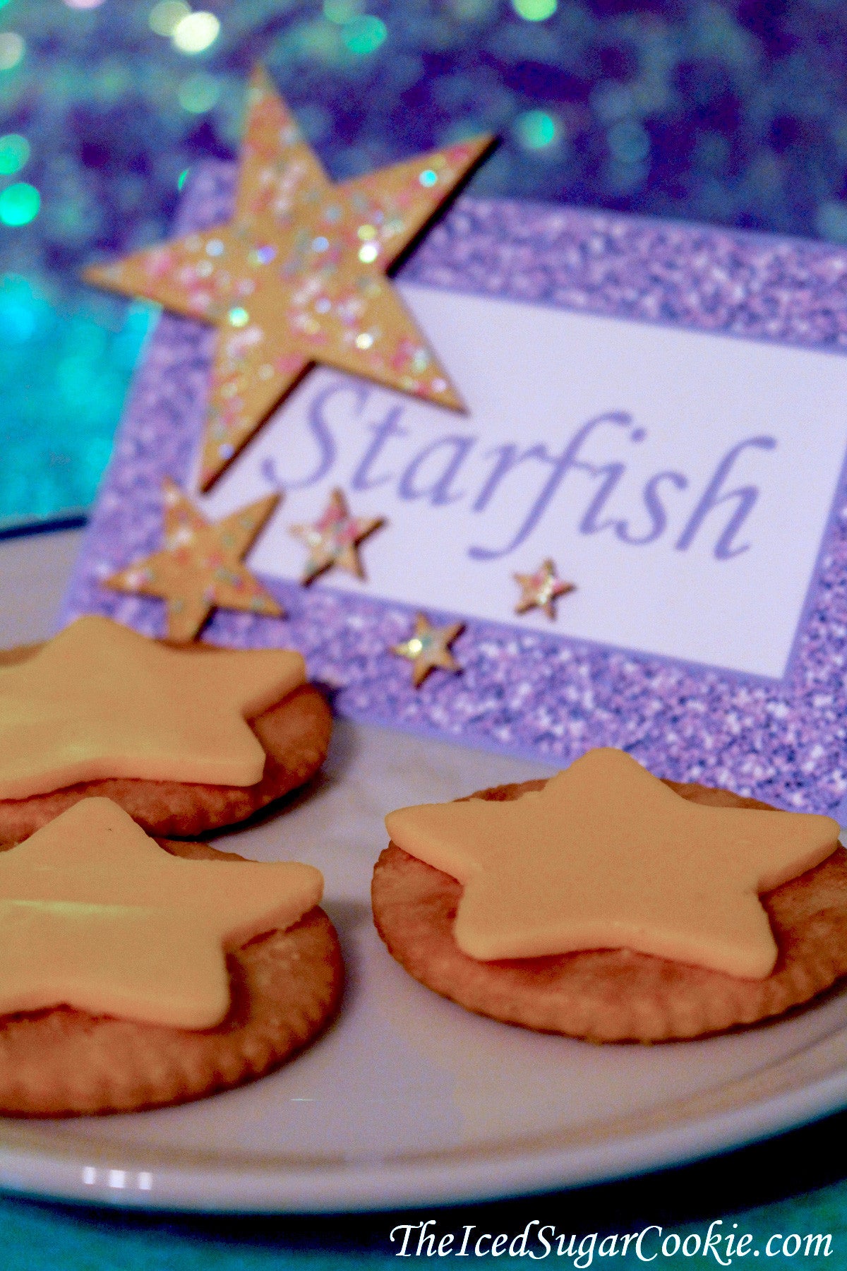 Mermaid Starfish Food Label Tent Cards With Wooden Stars With Glitter-Mermaid Birthday Party DIY Idea Crafts Under The Sea Starfish Food Label Tent Cards TheIcedSugarCookie.com