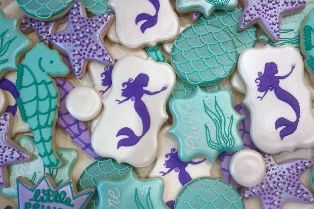 Mermaids, Seahorses And Starfish Birthday Party Sugar Cookies TheIcedSugarCookie.com Little Prince Cookies