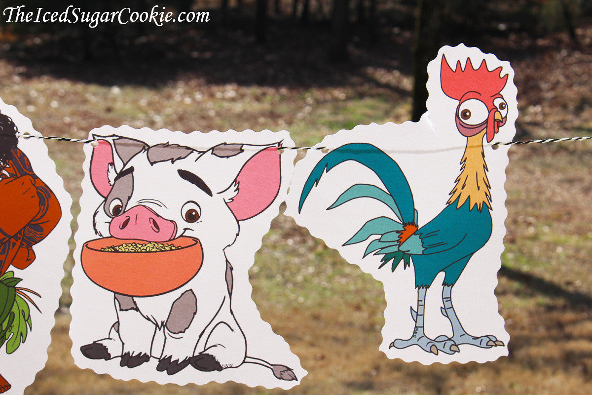Moana Birthday Party Flag Hanging Banner DIY Idea-Maui, Hei Hei Rooster, Pua Pig