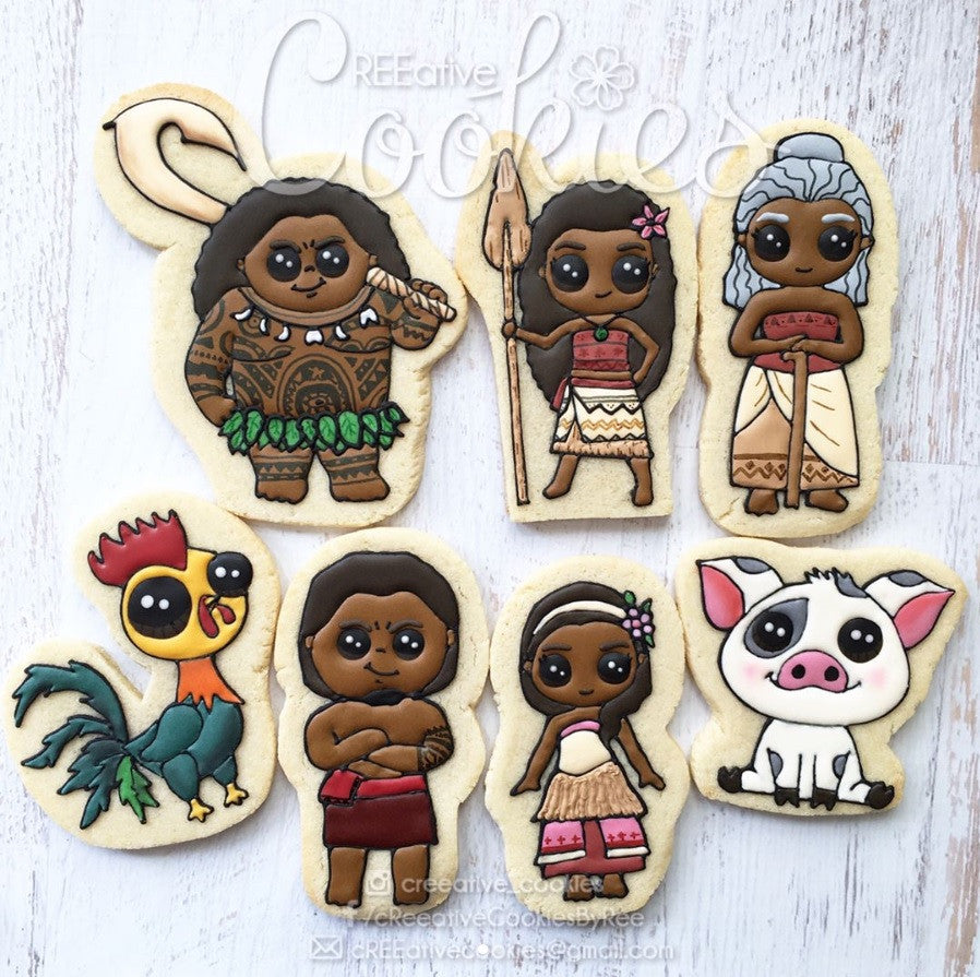 Moana, Maui, Pua Pig, Hei Hei Rooster, Gramma Tala, Tui, Sina Sugar Cookies TheIcedSugarCookie.com CREEative Cookies By Ree