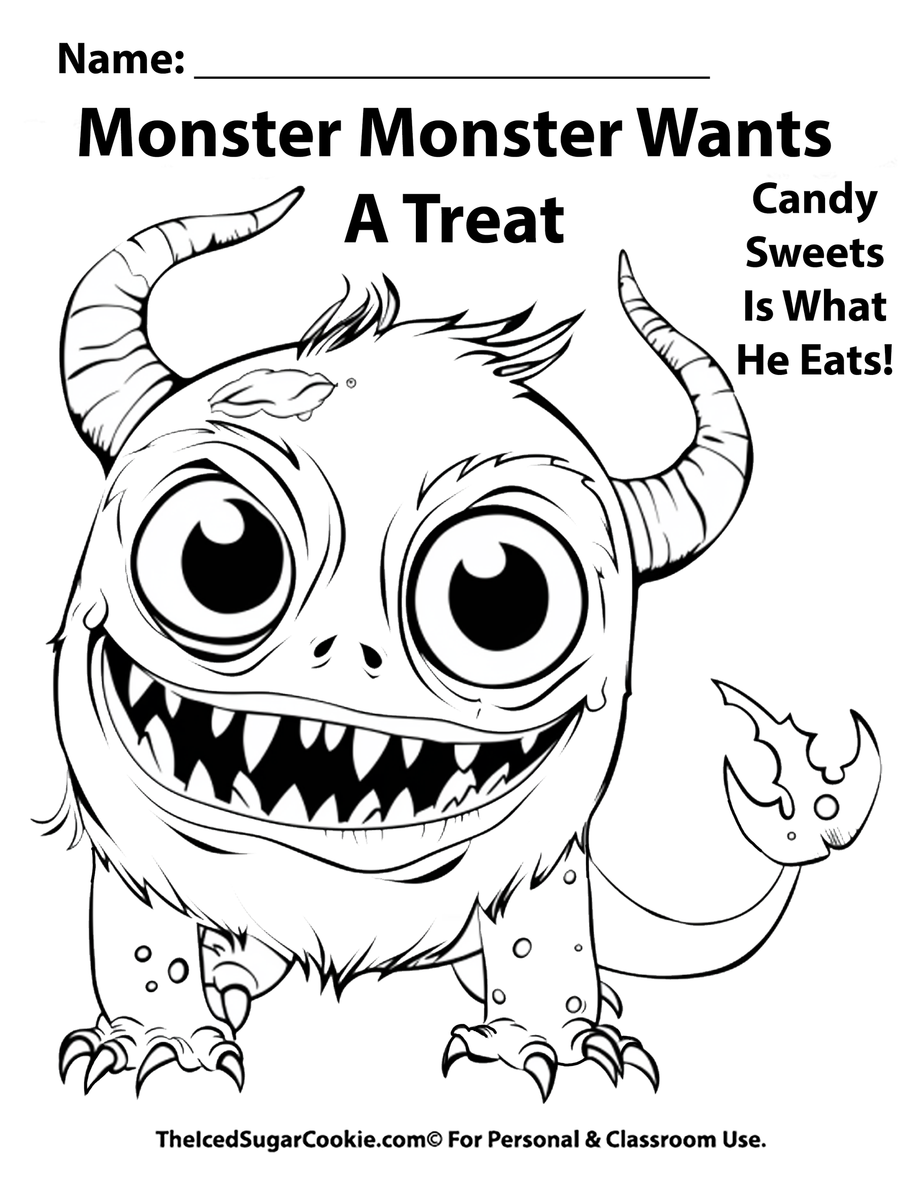 Monster Monster Wants A Treat. Candy Sweets Is What He Eats Free Coloring Page by TheIcedSugarCookie.com