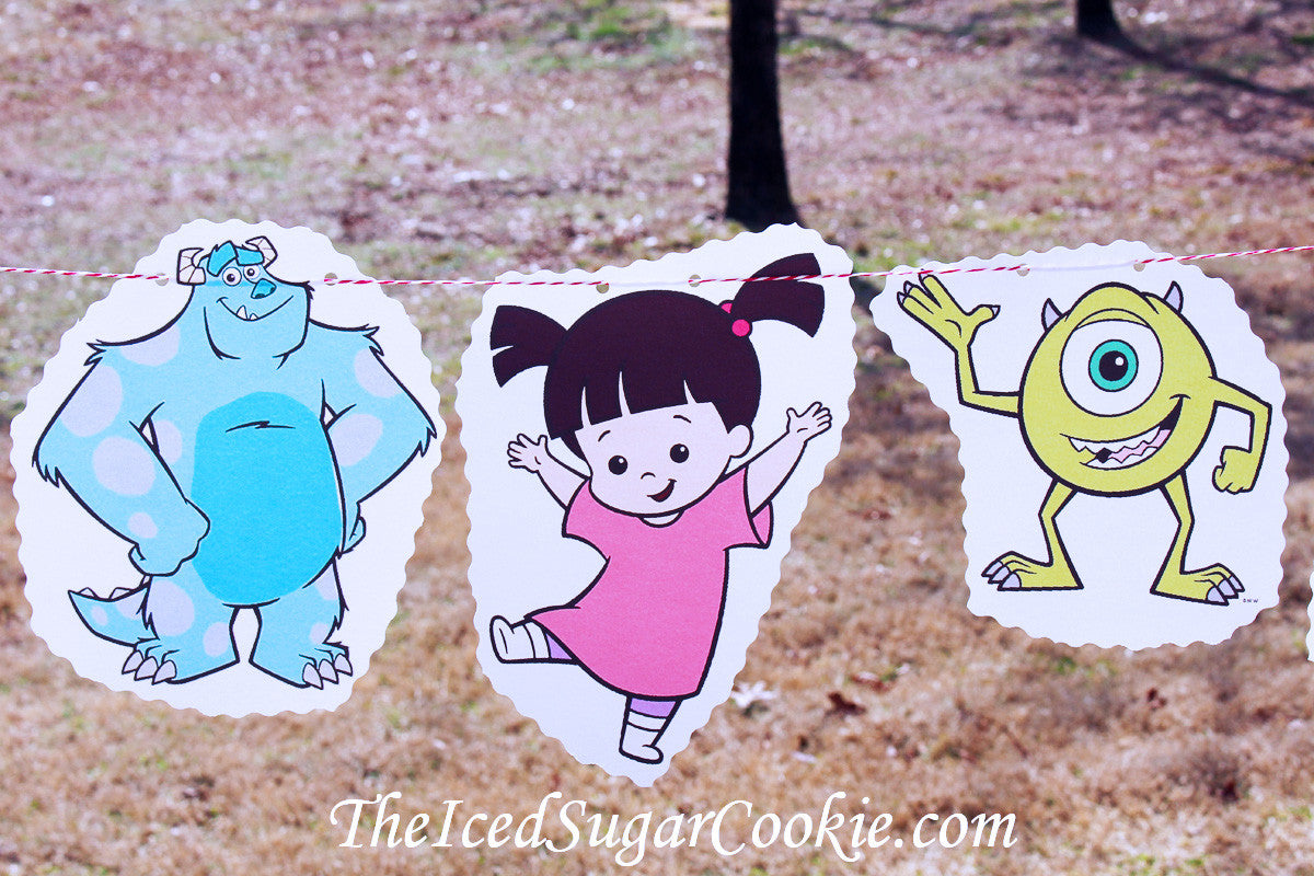 Monsters Inc Birthday Party Banner Garland DIY Idea Flag Bunting TheIcedSugarCookie.com Mike James Boo Randall