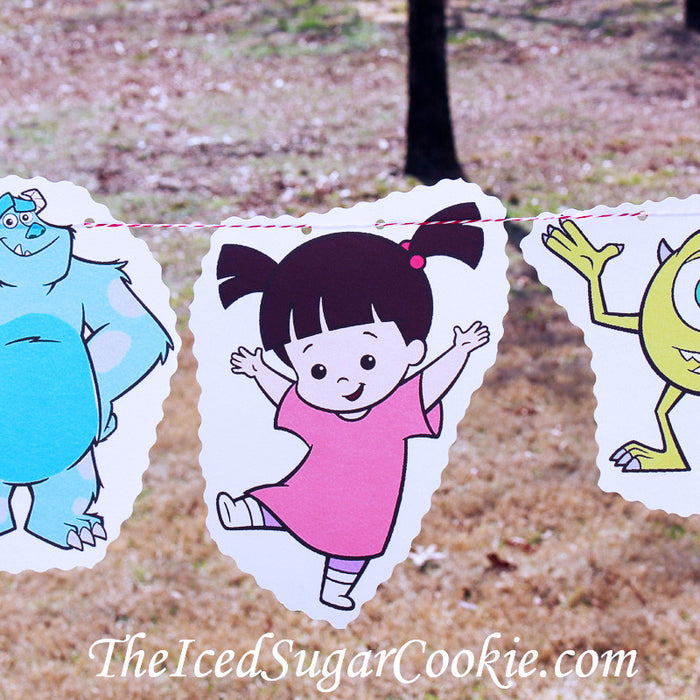 Monsters Inc Birthday Party Banner Garland DIY Idea Flag Bunting TheIcedSugarCookie.com Mike James Boo Randall