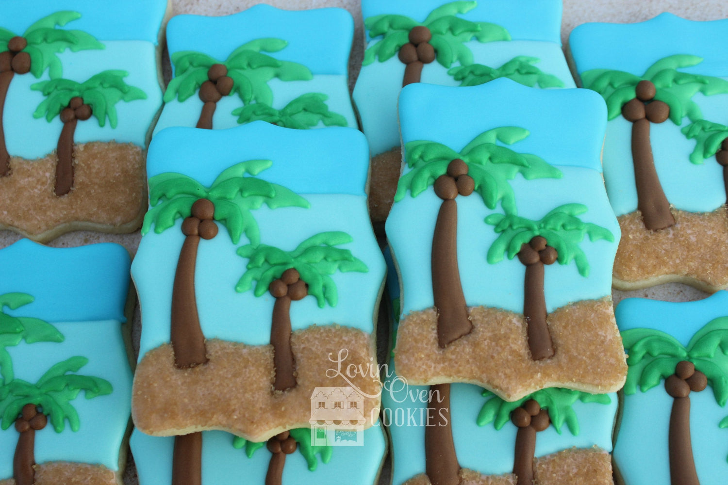 Palm Tree Beach Scene Sugar Cookies TheIcedSugarCookie.com Lovin Oven Cookies
