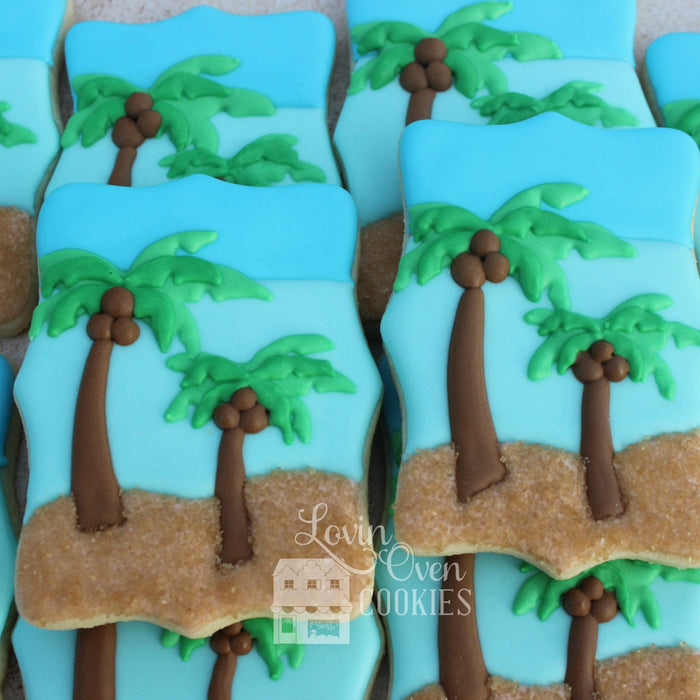 Palm Tree Beach Scene Sugar Cookies TheIcedSugarCookie.com Lovin Oven Cookies