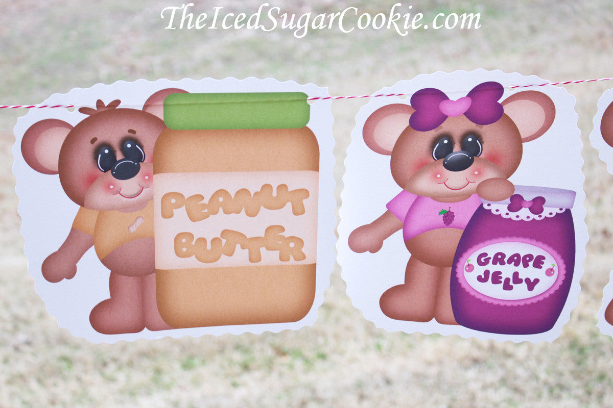 Teddy Bear Picnic Peanut Butter And Jelly Sandwich Birthday Party Banner Flag Bunting Garland-www.TheIcedSugarCookie.com