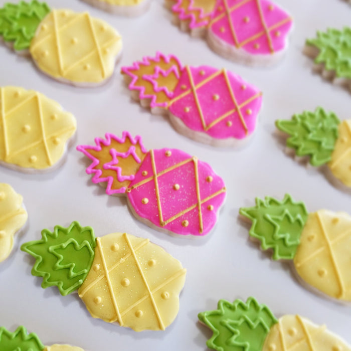 Tropical Pineapple Birthday Party Sugar Cookies TheIcedSugarCookie.com Kessa Cakes