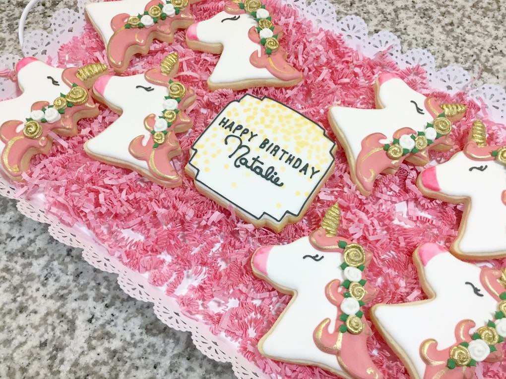 Pink And Gold Unicorn Birthday Party Sugar Cookies TheIcedSugarCookie.com Sweet Posh Cookie Co