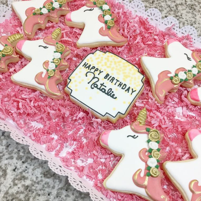 Pink And Gold Unicorn Birthday Party Sugar Cookies TheIcedSugarCookie.com Sweet Posh Cookie Co