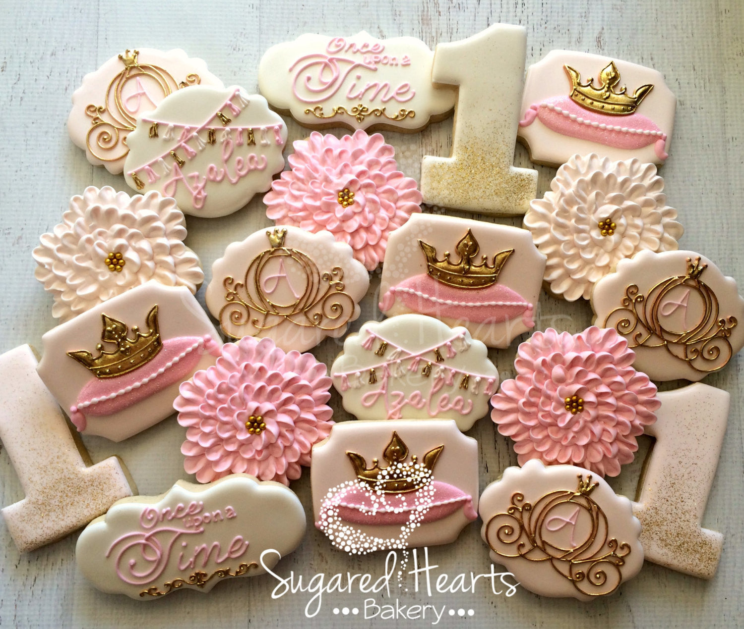 Princess Pink And Gold Glitter Birthday Party Sugar Cookies TheIcedSugarCookie.com Sugared Hearts Bakery