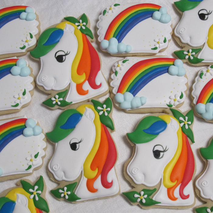 Royal Pony Birthday Party Cookies. TheIcedSugarCookie.com Marta Ingros Horse Sugar Cookies With Rainbow Hair