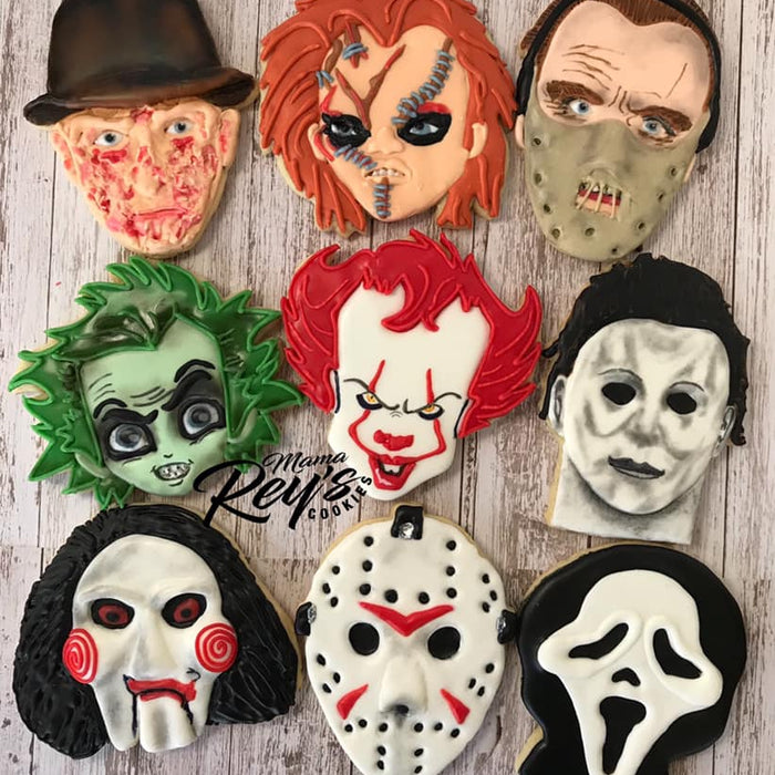 Scary Horror Movies Halloween Iced Sugar Cookies created by "Mama Rey's Cookies" featured on TheIcedSugarCookie.com | Freddy Krueger, Chucky, Hannibal Lecter, Beetlejuice, Pennywise IT, Michael Myers, Jigsaw, Jason Voorhees Friday 13, Scream